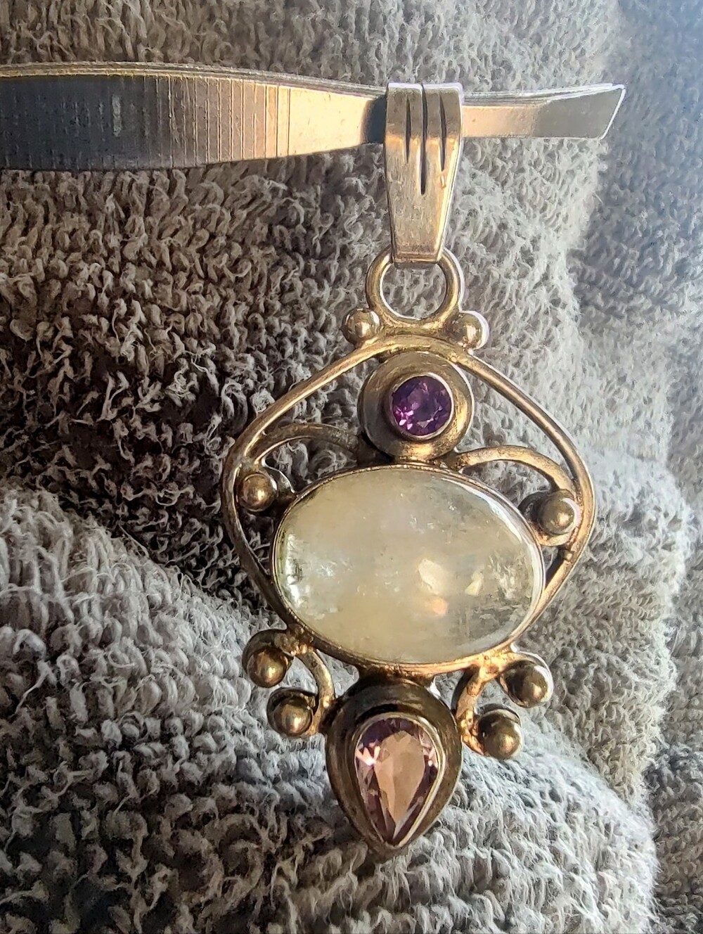 Vintage 925 Sterling Silver Moonstone Amethyst Artisan Statement Pendant